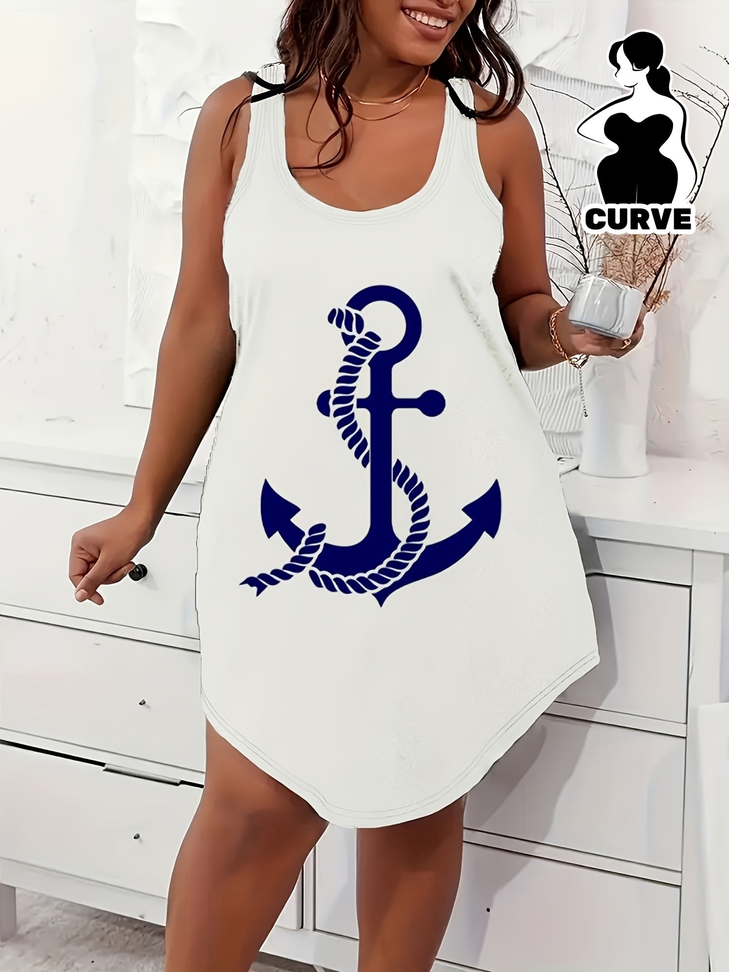 Plus Size Women's Sleeveless Nightdress with Nautical Anchor Print in White