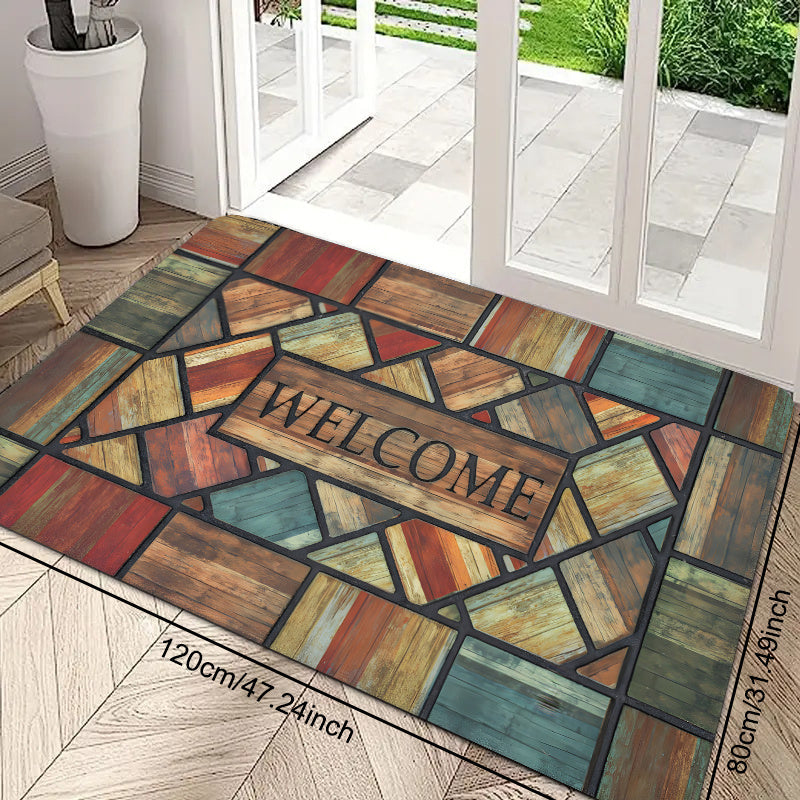 Polyester Non-Slip Welcome Door Mat with Vintage Wood Print, Stain Resistant, Indoor Outdoor