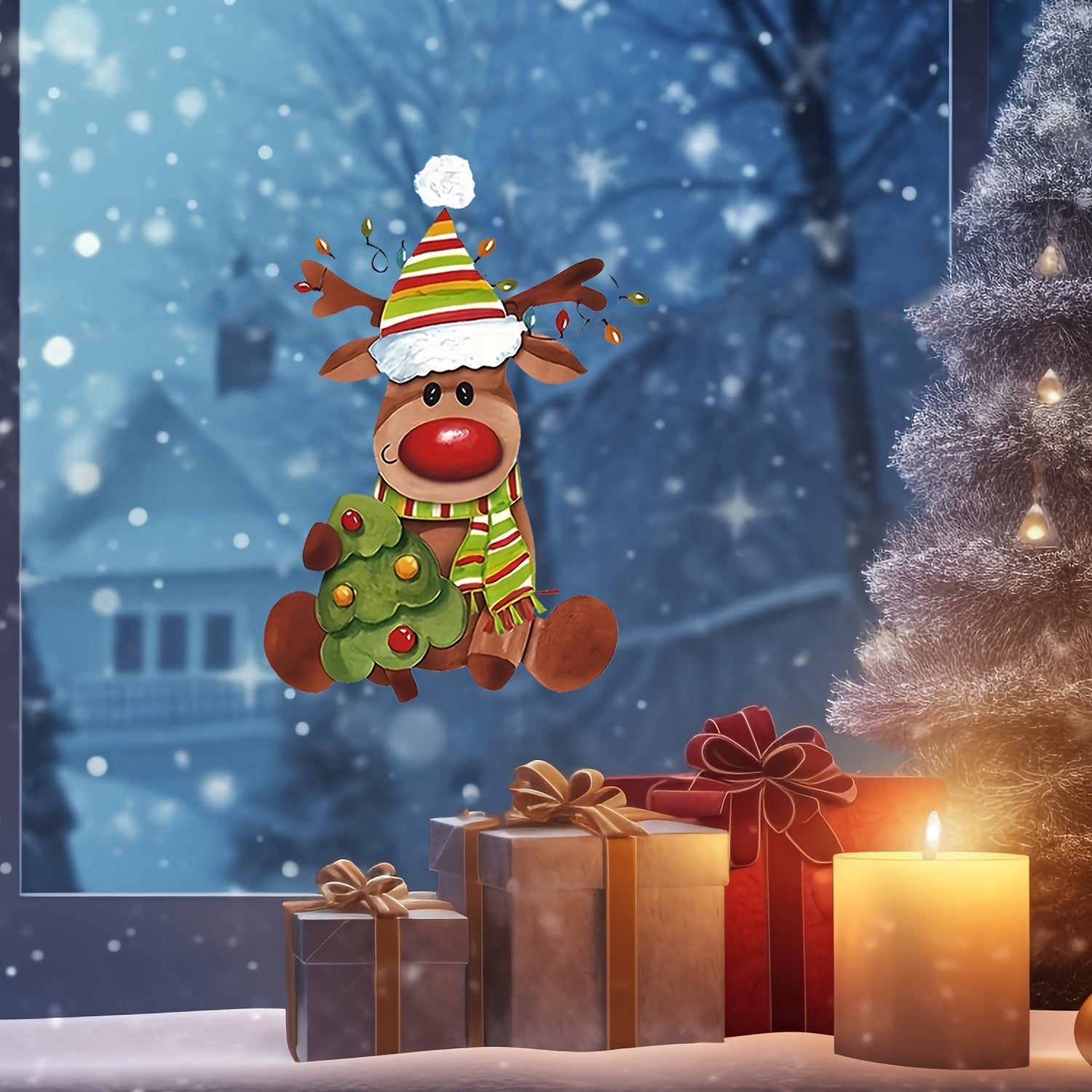 High-Gloss PVC Christmas Window Sticker Reindeer Snowman Glitter Decor