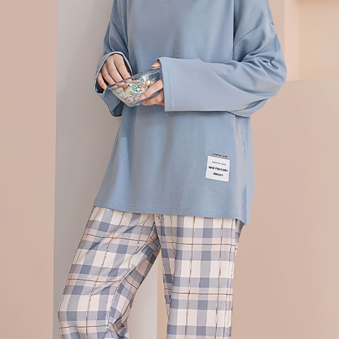 Teen Plaid Long Sleeve Pajama Set for Spring and Fall Polyester Casual Home Wear