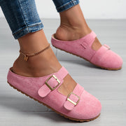Women's Pink Slip-On Mules with EVA Sole and Gold Buckle Straps