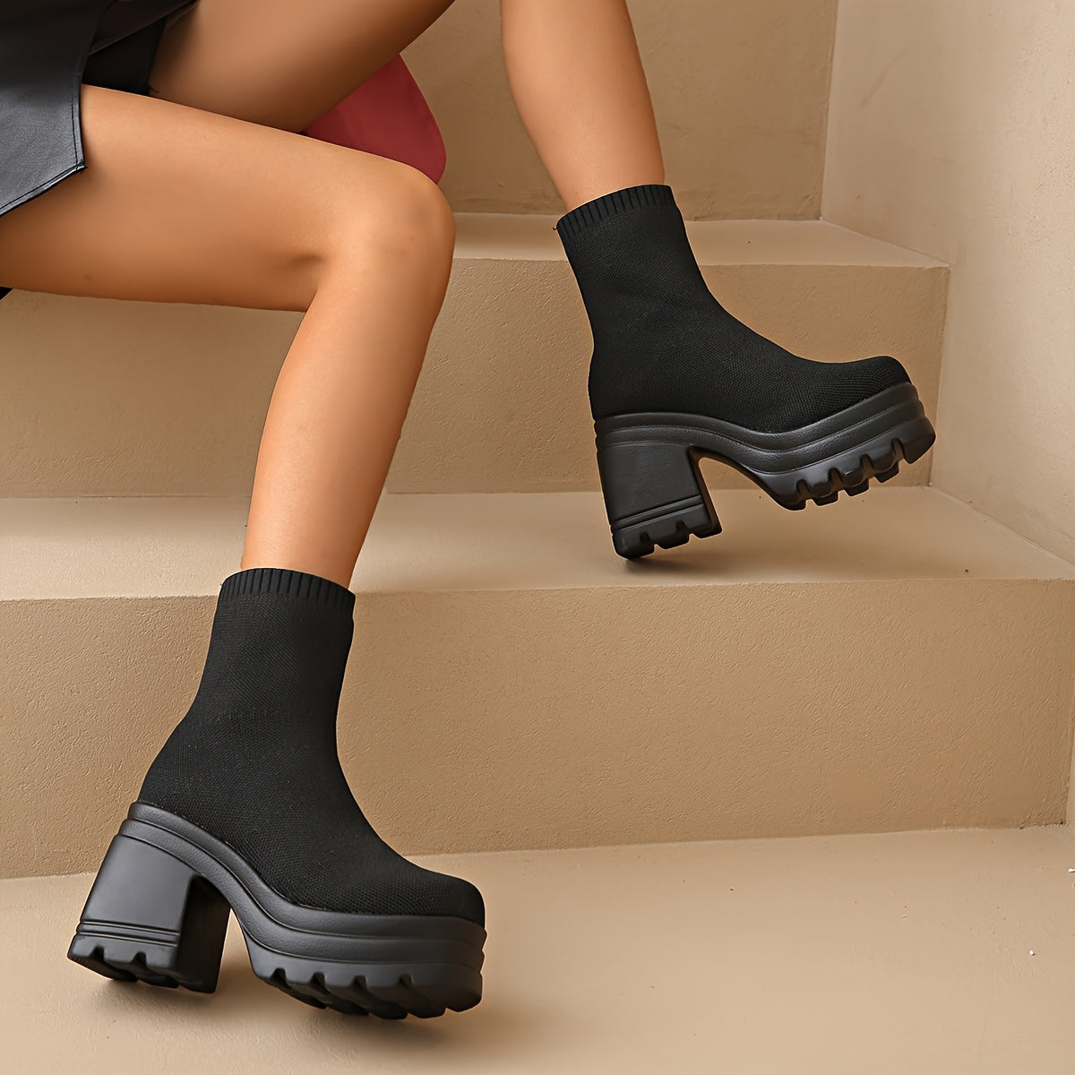 Women's Slip-On Chunky Mid-Heel Ankle Boots Comfortable Fabric Upper