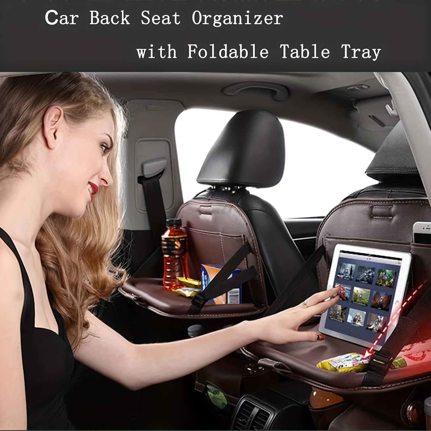 Universal Faux Leather Car Seat Organizer with Foldable Tray and Multiple Pockets