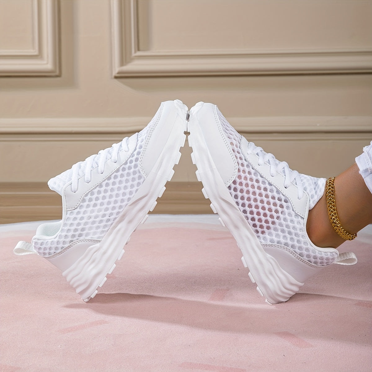 Women's White Casual Perforated Sneakers Low Top Lace-Up Comfort Shoes