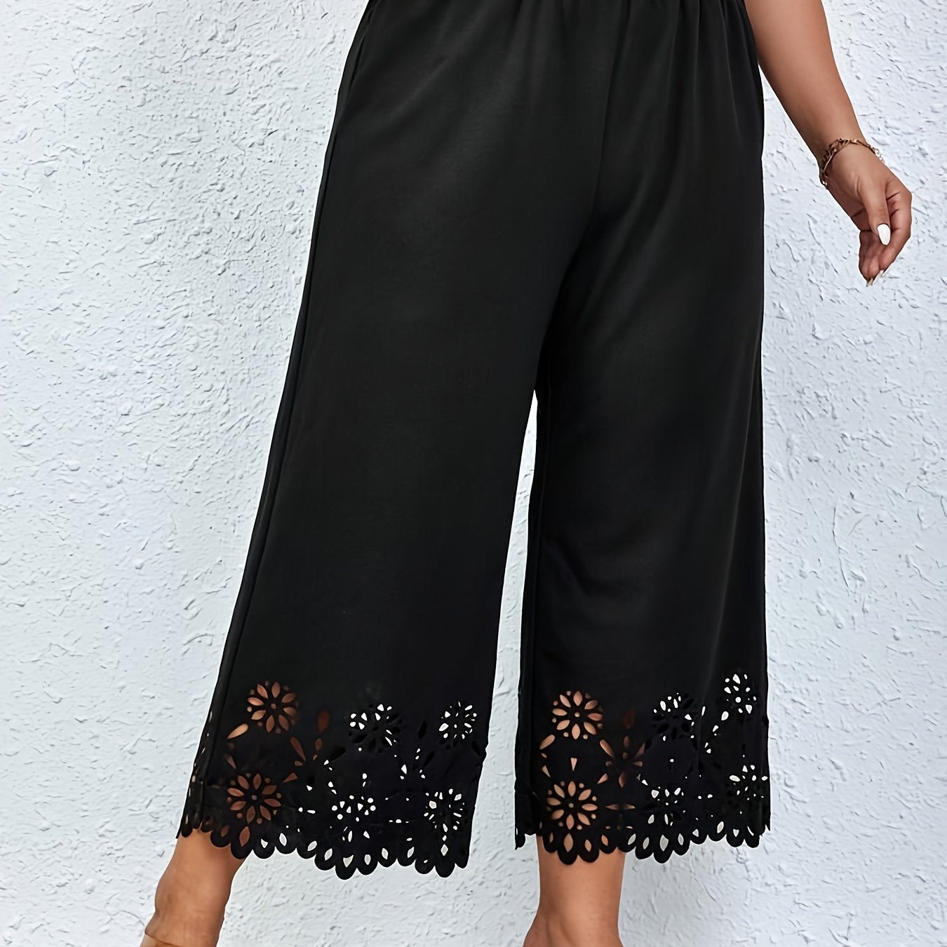 Plus Size Lace Trim Wide Leg Pants Casual Elastic Waist Spring Summer Womens