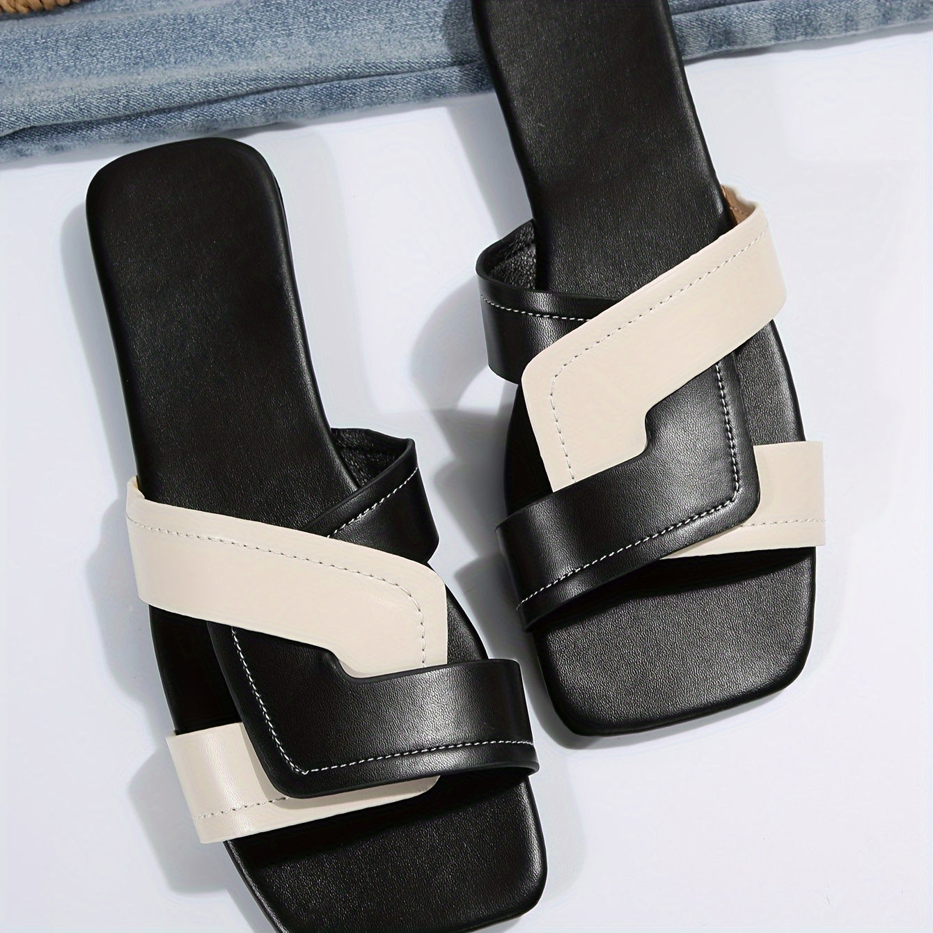 Women's Two-Tone Ankle Strap Slide Sandals Open-Toe Summer Shoes