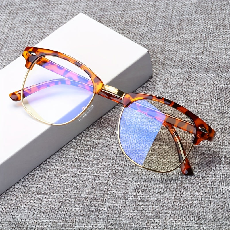 Gafas unisex de medio armazón negro con bloqueo de luz azul toque dorado retro