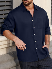 Мужская рубашка большого размера из полиэстера с длинным рукавом темно-синего цвета для весны и осени