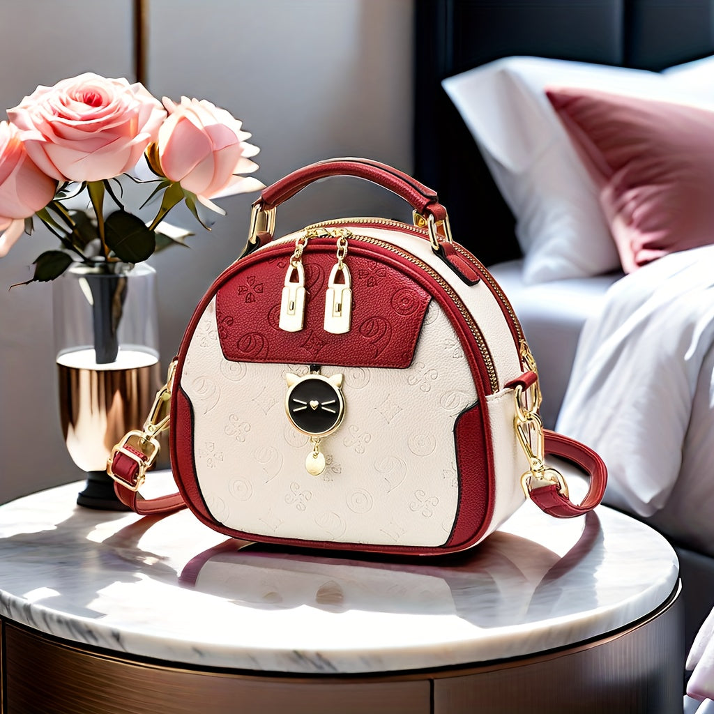 Bolso cruzado redondo negro para mujer con correa ajustable y cierre de cremallera