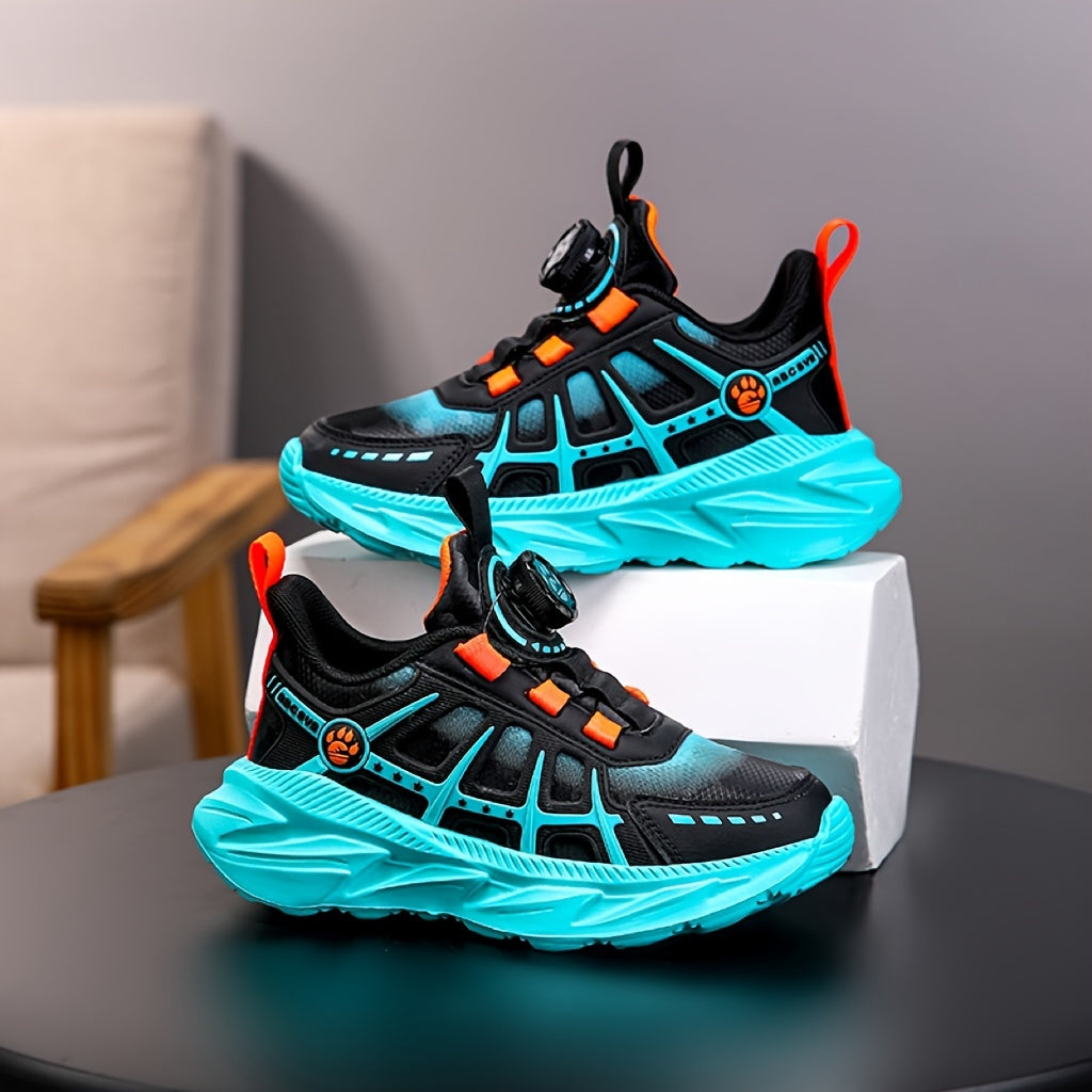 Boys Running Shoes Breathable Non-Slip PU Sneakers with Rotating Buckle Low Top