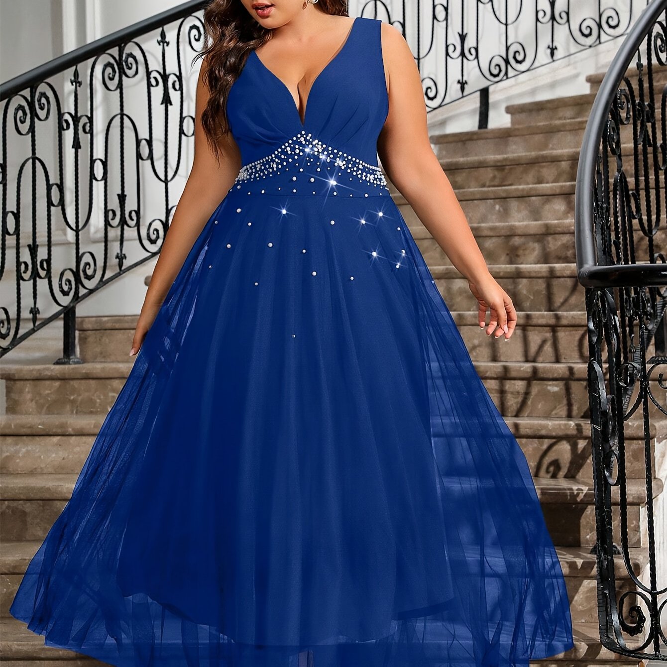 Plus Size Womens Mesh Splicing Beaded Sleeveless Maxi Dress Evening Gown