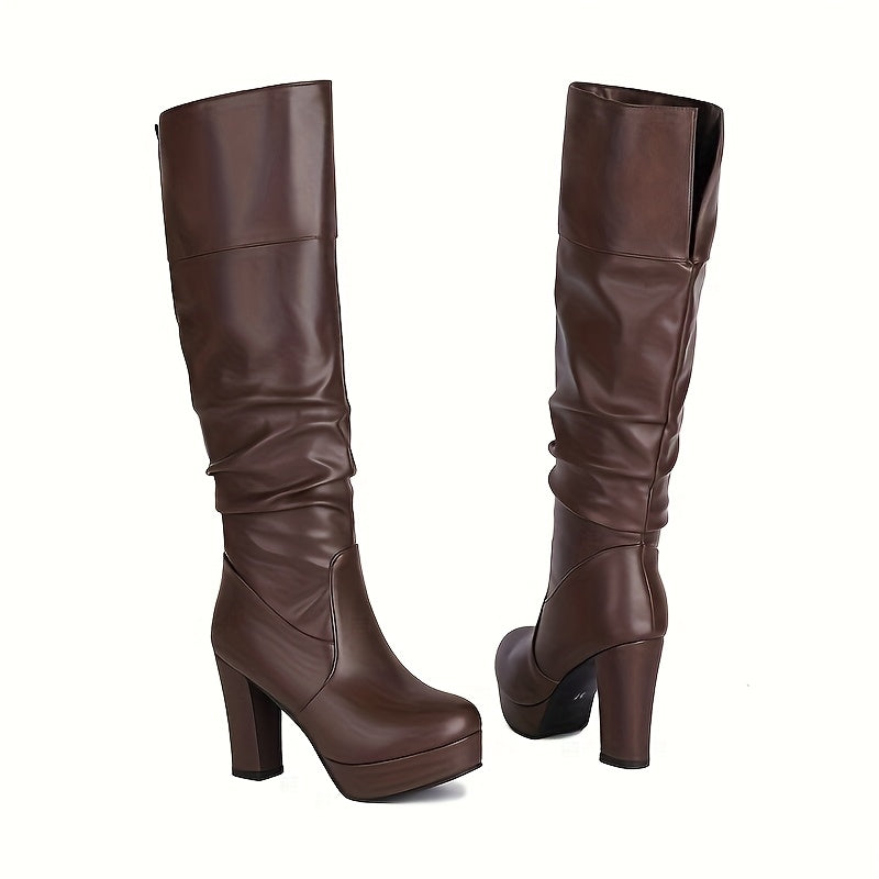 Женские черные ботинки из искусственной кожи до середины икры с массивным каблуком и стиль на Slip-On