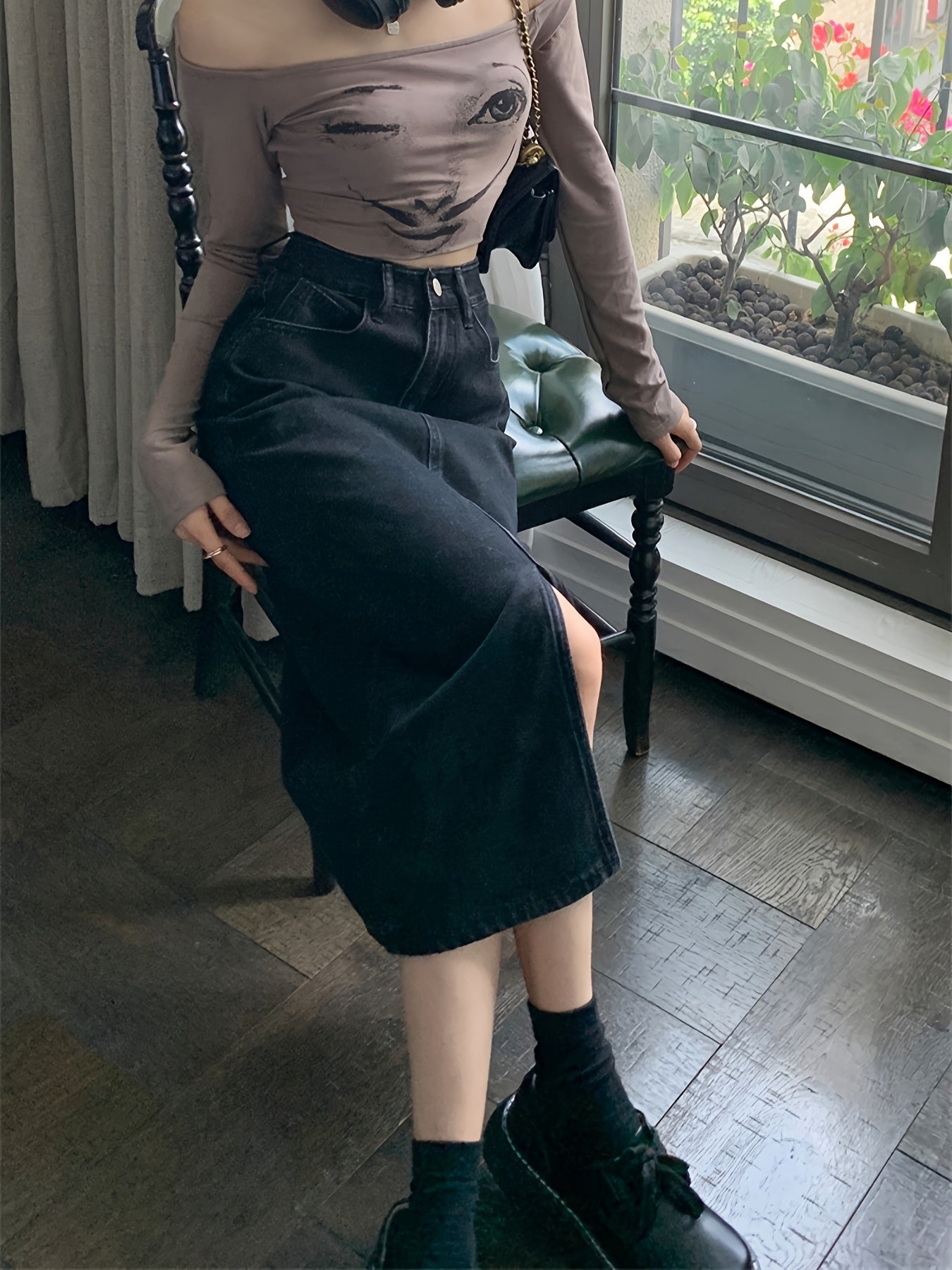 Black Denim Midi Skirt with Front Slit, High Waist, Machine Washable, Summer Style