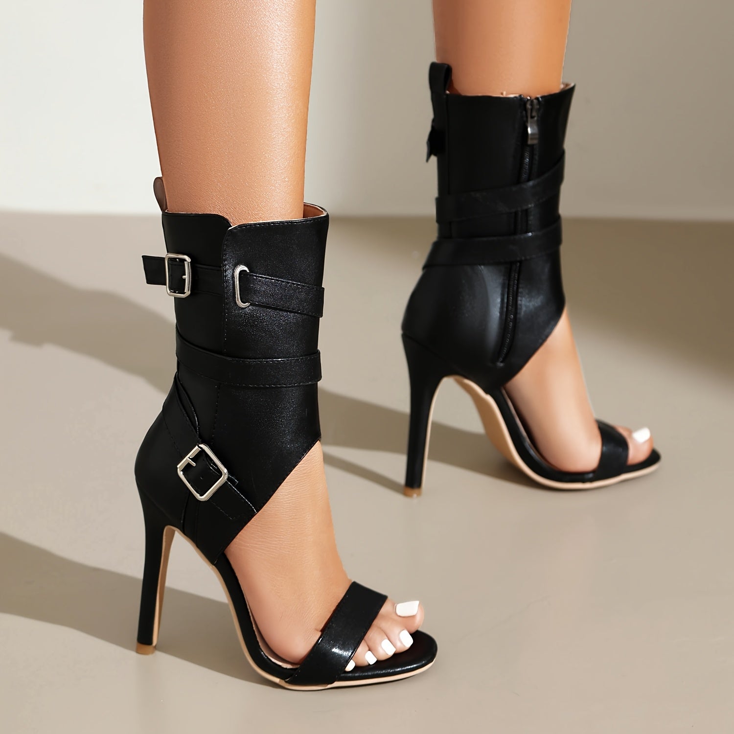 Women's Black Synthetic Ankle Boots with Zipper and Stiletto Heel