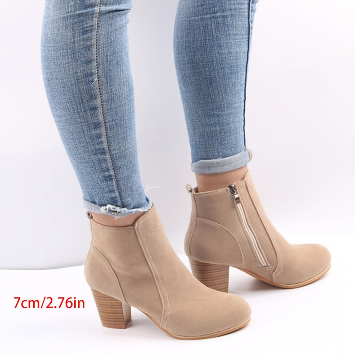 Women's Beige Fabric Ankle Boots with Chunky Heel and Zipper