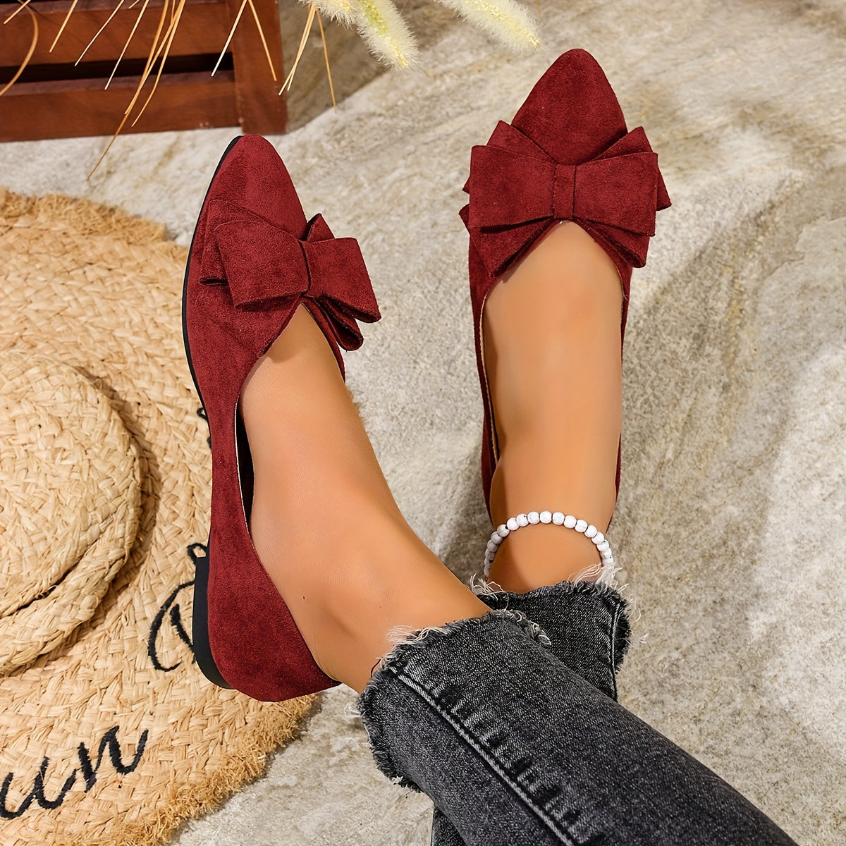 Women Black Bowknot Mary Jane Flats Leather Pointed Toe Slip-On Shoes