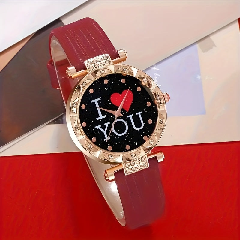 Women's Rhinestone Quartz Watch and Jewelry Set with Heart "I Love You" Design 5 Pieces
