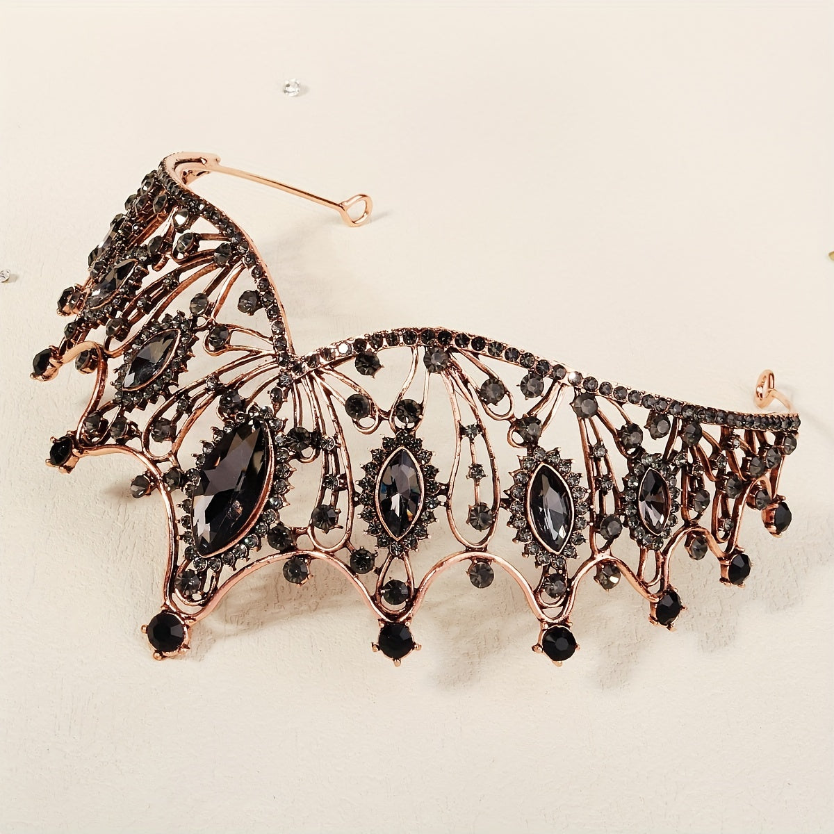 Black Baroque Bridal Tiara with Rhinestones for Wedding and Party