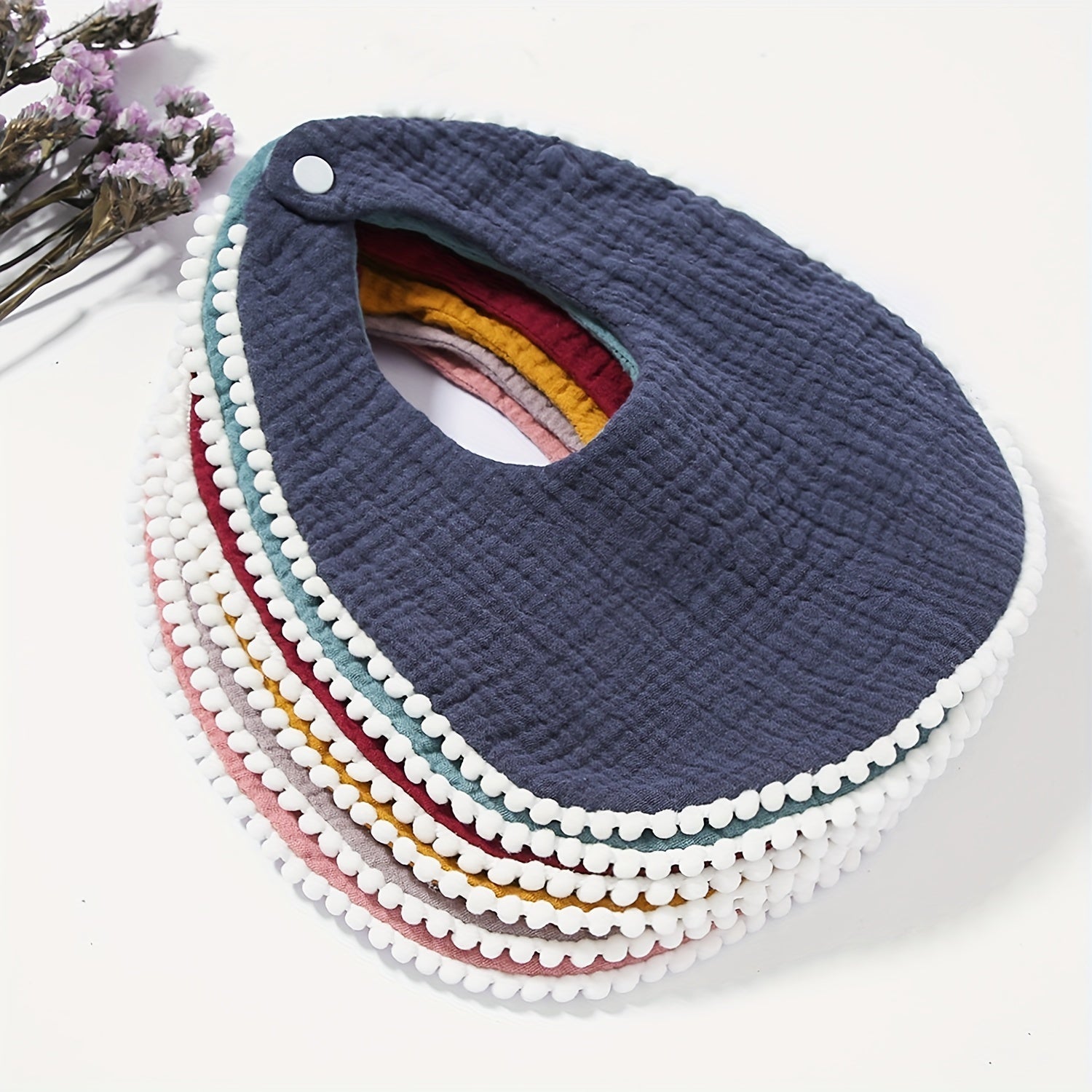 Set of 5 Baby Muslin Bibs with Pom Pom Accents Soft Adjustable Drool Bibs for Infants