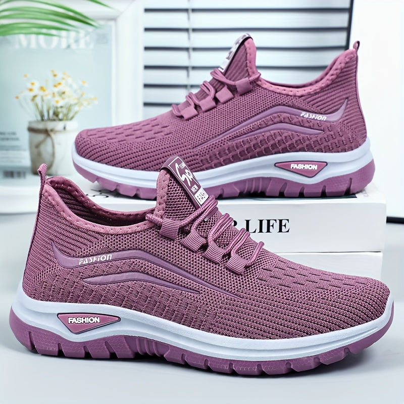 Women's Casual Sneakers Breathable Knit Upper Solid Color Fitness Running Shoes