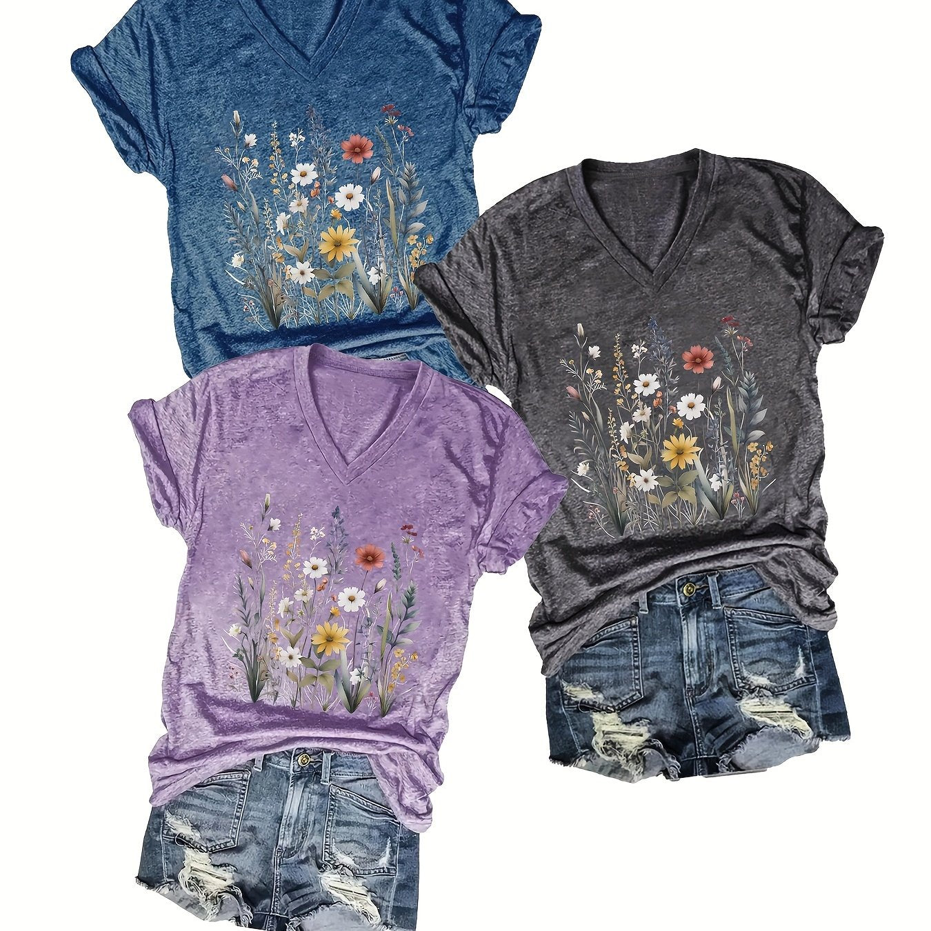Women's Printed V-Neck T-Shirts Short Sleeve Spring Summer Pack of 3