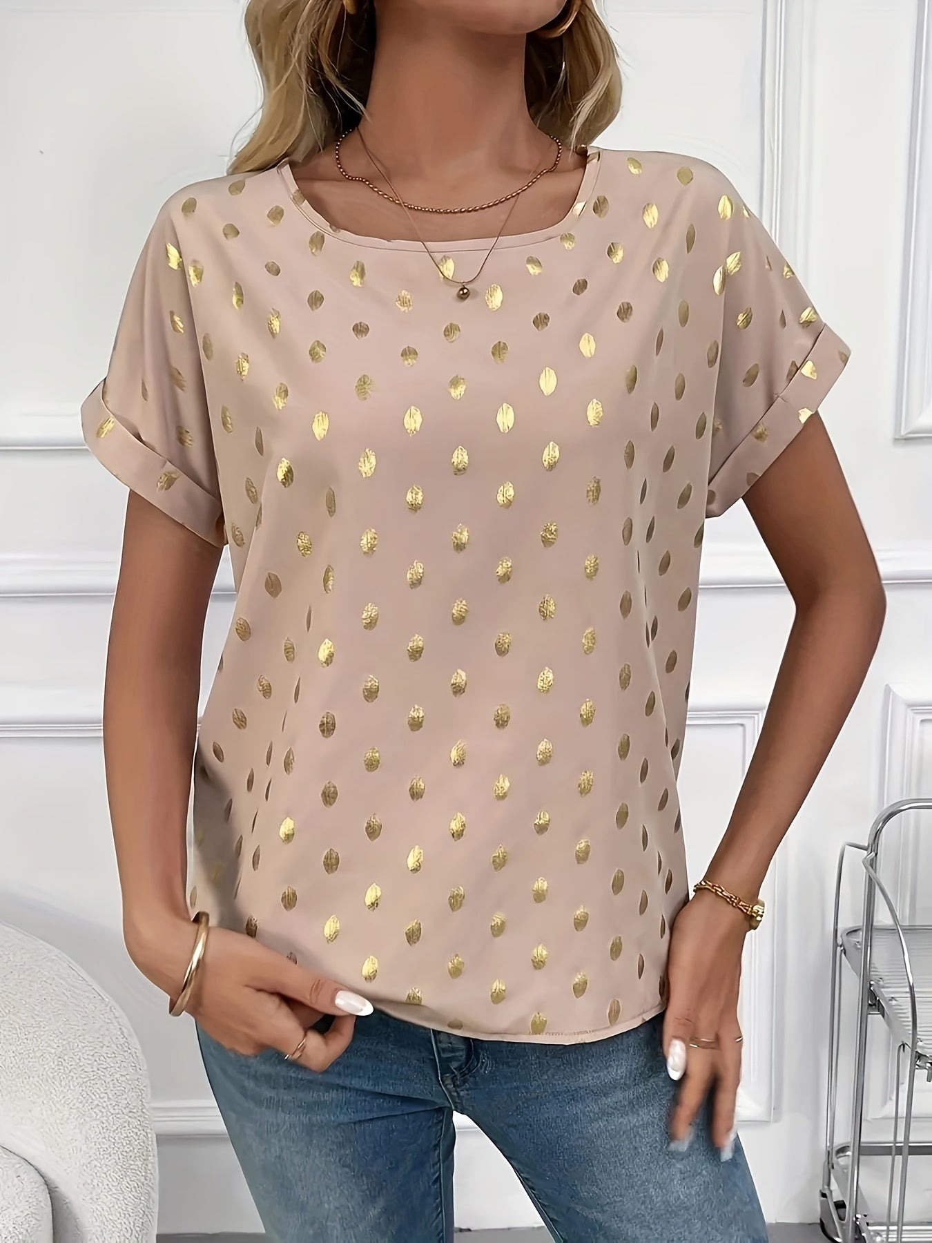 Women's Plus Size Gold Polka Dot Short Sleeve Top Round Neck Office Wear