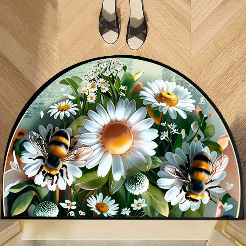 Semi-Circular Welcome Mat with Daisies and Bees Non-Slip Washable Polyester Indoor Outdoor Durable Entrance Rug