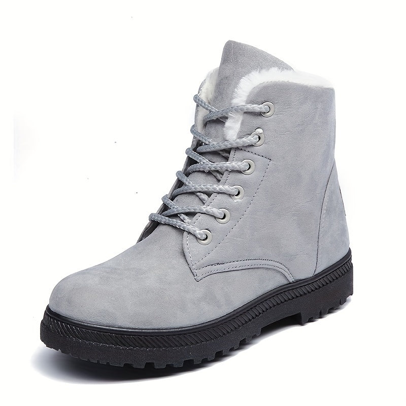 Women's Solid Color Short Boots Casual Lace-Up Plush Lined Winter Ankle Boots