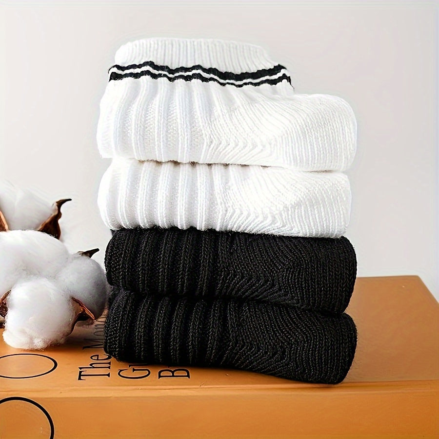 7 Pairs Black and White Thick Mid-Length Socks for Autumn Winter Breathable Comfort