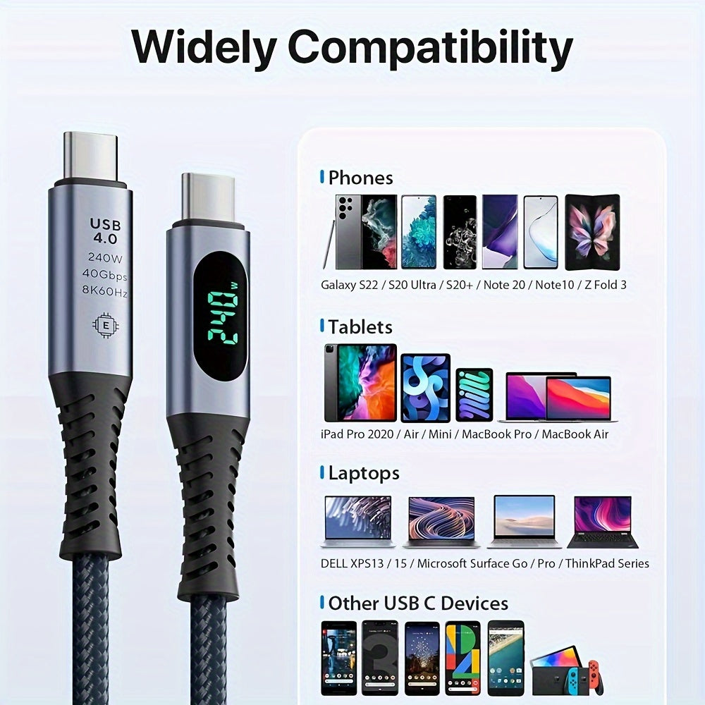 LED ko'rsatkichli naylon to'quv USB 4.0 kabel, 8K video, 40Gbps yuqori tezlikda zaryadlash va ma'lumot uzatishni qo'llab-quvvatlaydi, iPhone, MacBook va monitorlar uchun Type-C dan Type-C ga. PD240W/5A bilan tekis dizayn.
