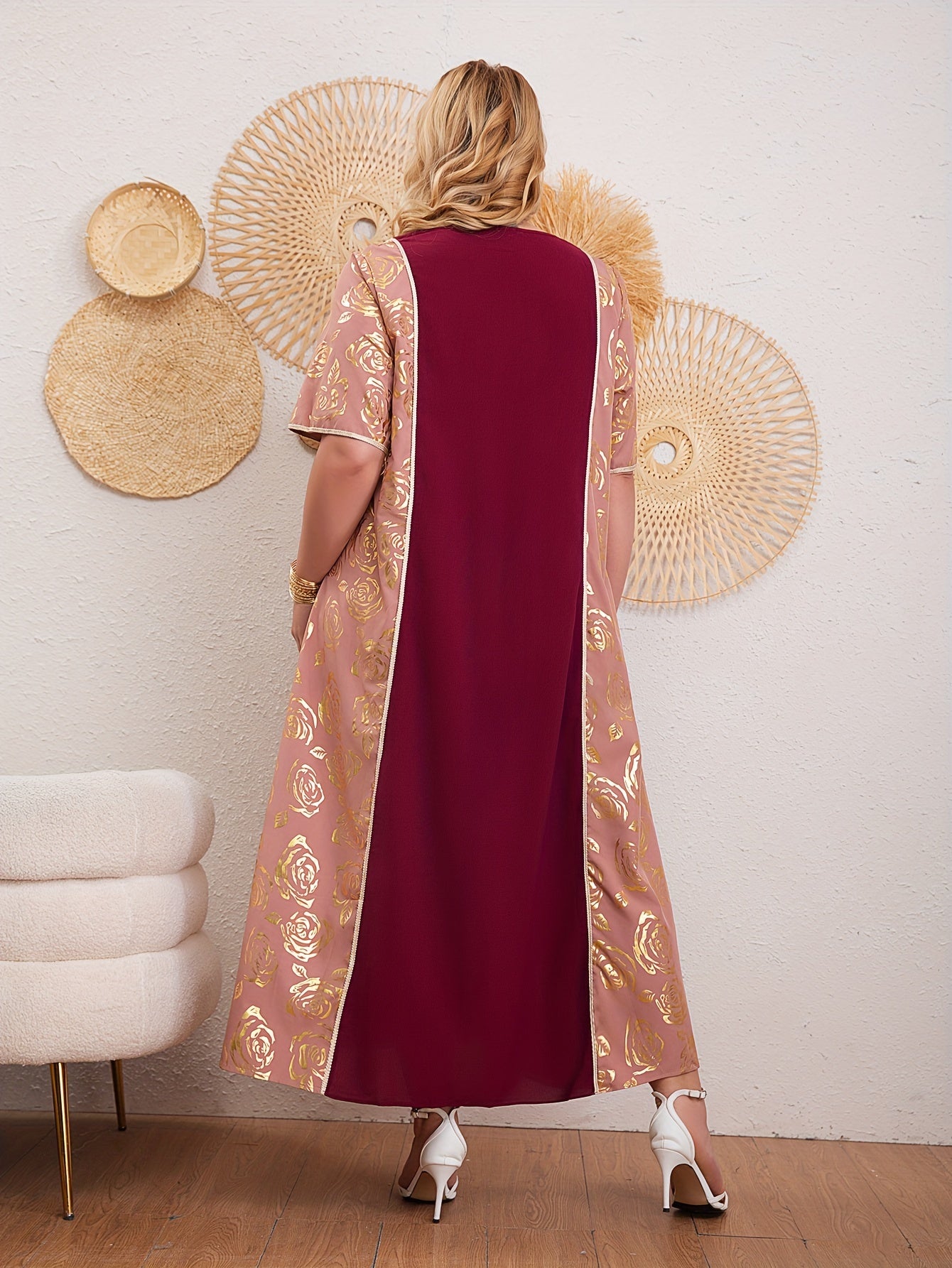 Plus Size Floral Pattern Kaftan Dress Short Sleeve Women Stylish Cover-Up