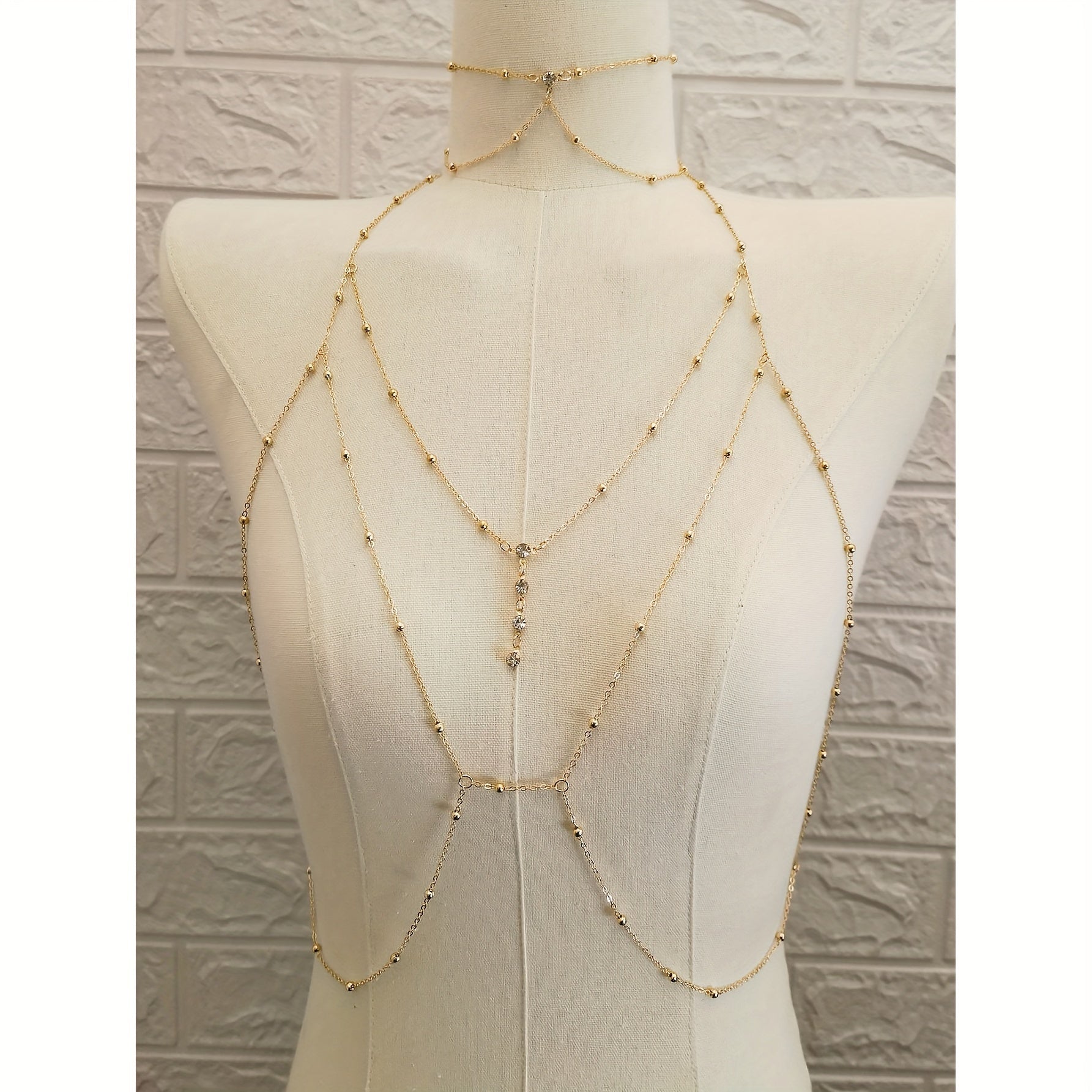 Golden Tone Beaded Body Chain Necklace Rhinestone Detail for Parties and Dates