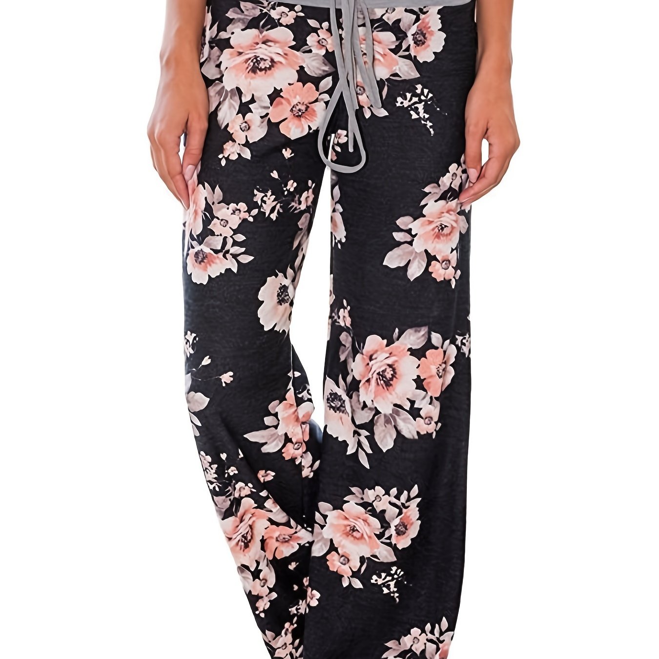 Women's Plus Size Floral Print Wide Leg Lounge Pants with Drawstring