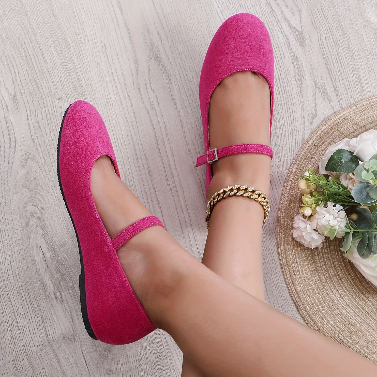 Women's Flat Shoes Buckle Strap Solid Color Ballet Flats