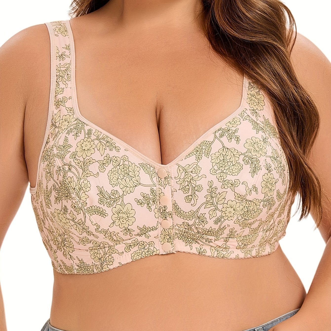 Sujetador inalámbrico de talla grande con cierre frontal y estampado floral, sin acolchado, tela de punto de poliéster