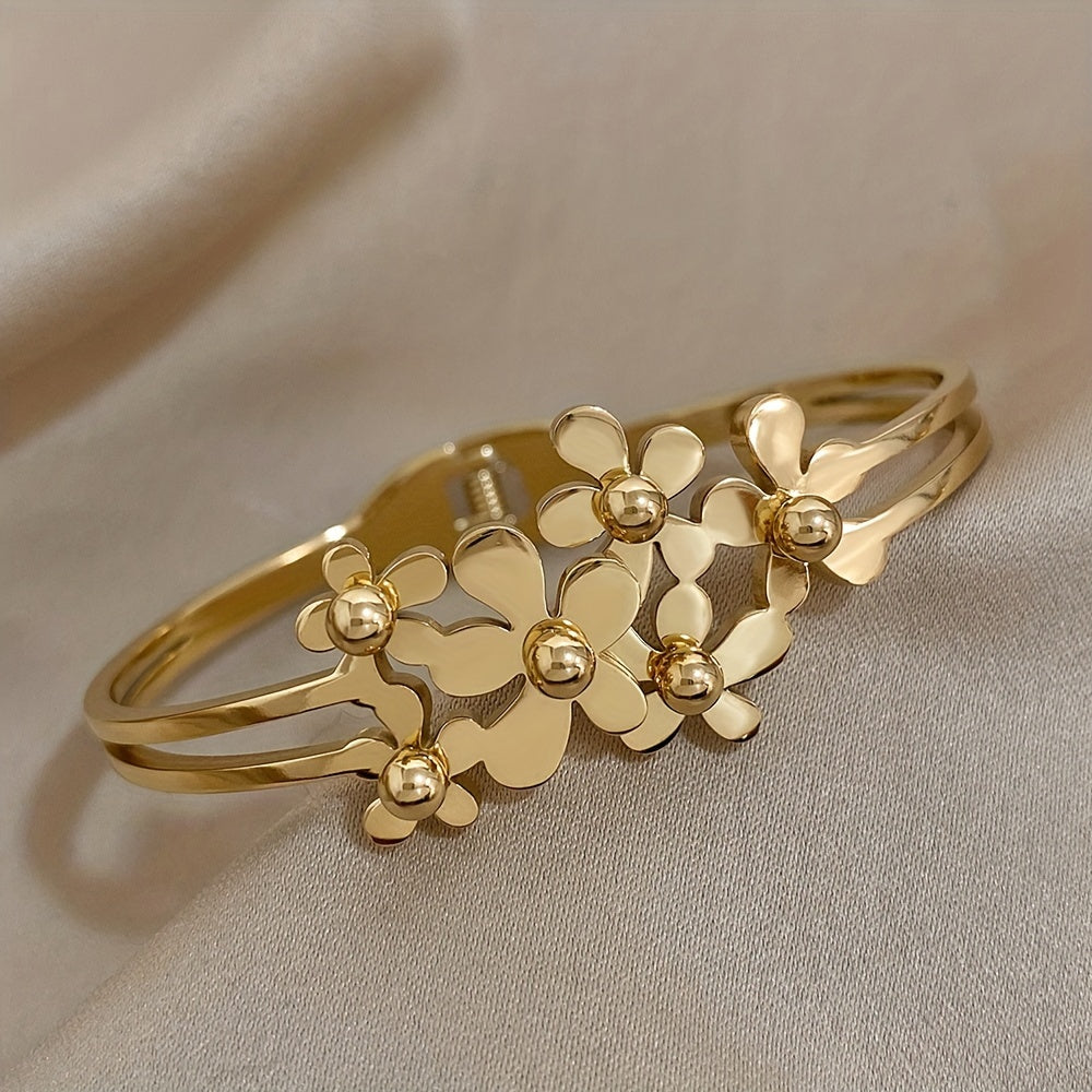 Gold-Plated Stainless Steel Men's Bracelet with Flower Design