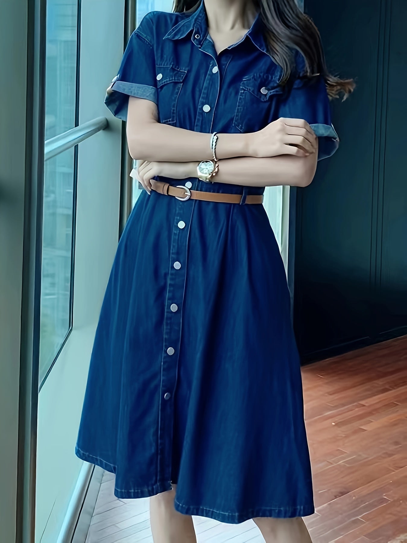 Vestido de mezclilla azul claro para mujer con botones en el frente, mangas cortas, a la rodilla, casual, primavera y verano