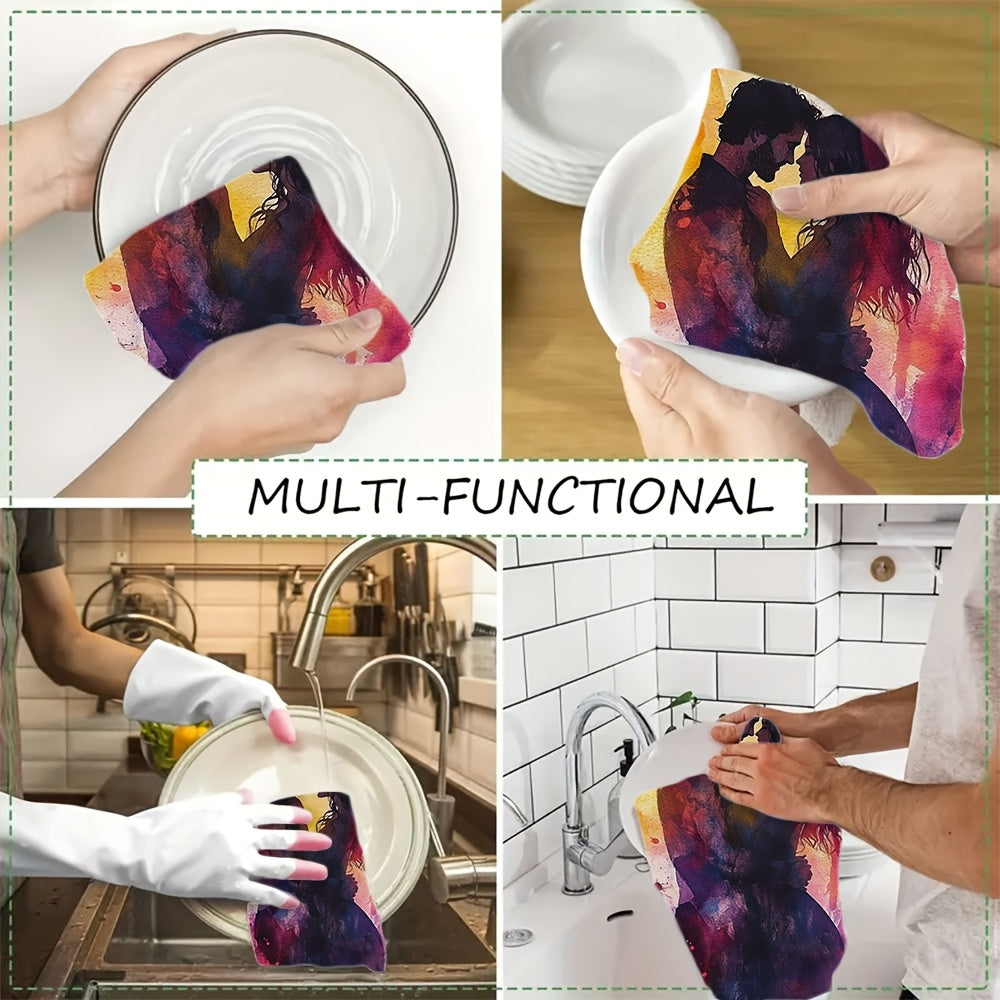 Set of 2 Ultra Soft Watercolor Kitchen Towels, Absorbent Dish Hand Towels