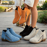 Women's Leather Ankle Boots with Chunky Heel and Double Zipper