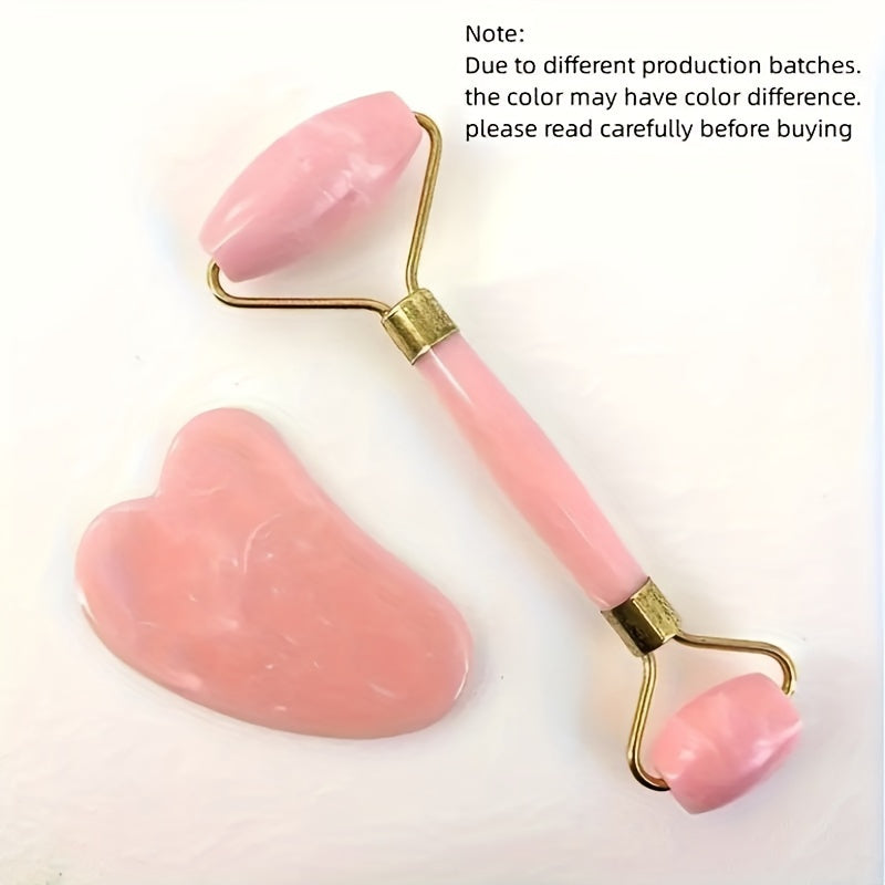 2pcs Rose Quartz Facial Roller Set with Heart-Shaped Gua Sha for Face and Eye Massage
