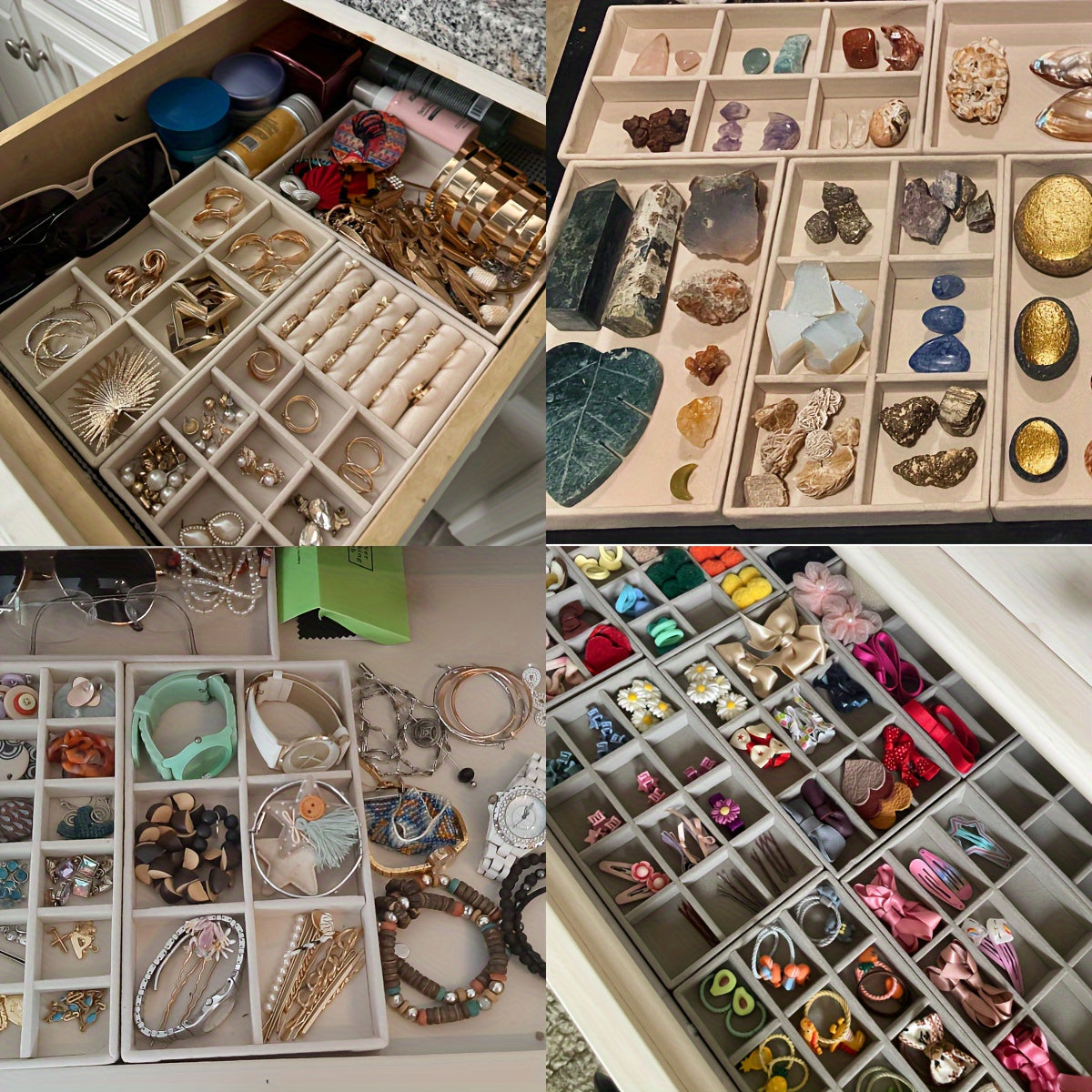 Flannel Jewelry Organizer Tray with Stackable Drawer Dividers for Earrings Necklaces and Bracelets