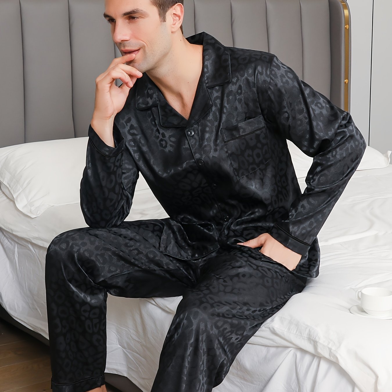 Men's Leopard Print Loungewear Set Long Sleeve Pajama Casual Spring Fall