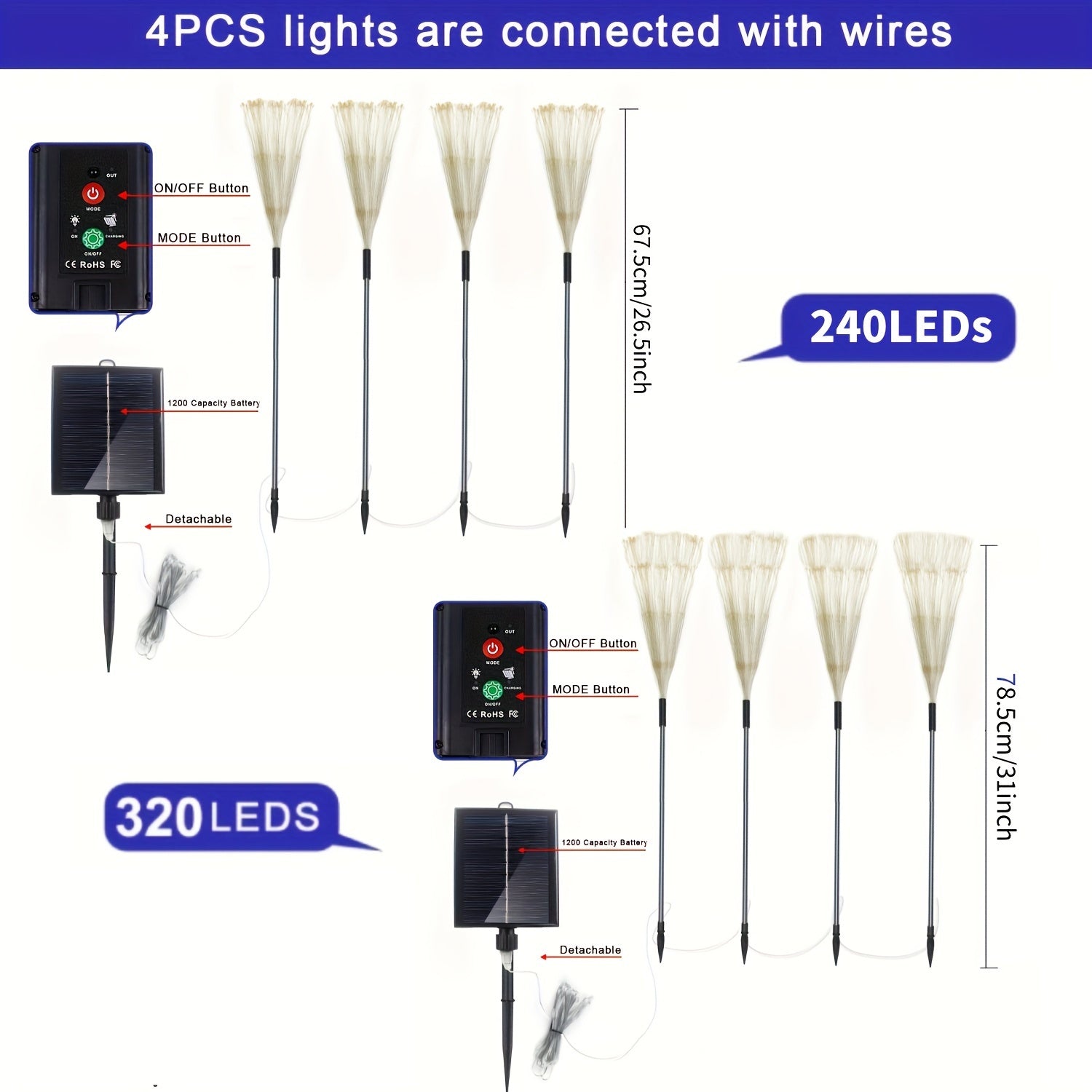 Solar-Powered LED Garden Lights Set of 1 or 4 with 8 Lighting Modes for Pathway Yard Decoration in Warm White or Multicolor