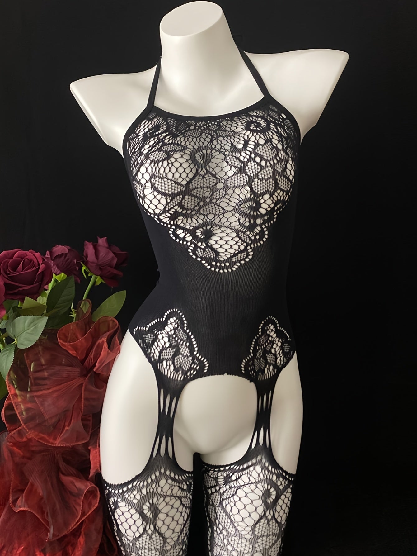 Боди из кружевной сетки для полных женщин с открытой спиной, с воротником- halter, сексуальное платье нижнего белья