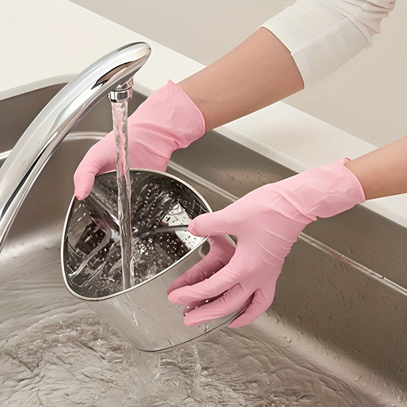 Одноразовые светло-розовые нитриловые перчатки для уборки дома, покраски волос, рисования и обработки пищевых продуктов. Доступны в упаковках по 20, 50, 100, 150 и 200 штук. Идеально подходят для одноразовой одежды.