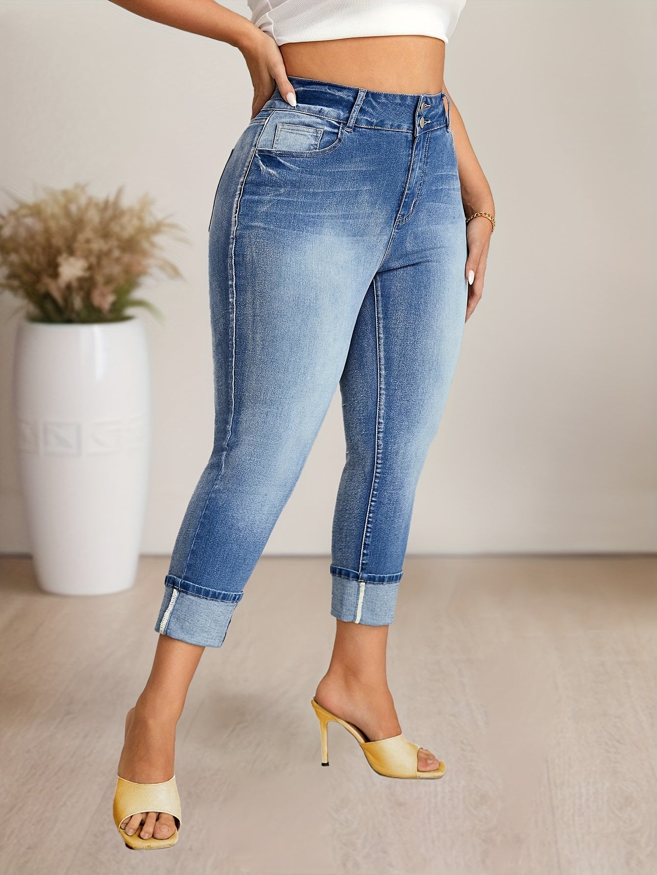 Women's Elastic High Waist Denim Seven-Eighth Pants Large Size