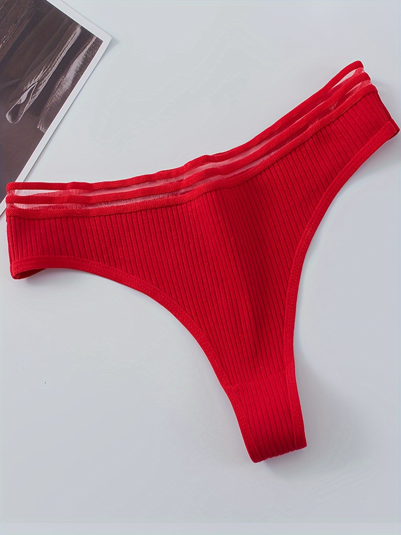 Women's Ribbed Cotton Thongs with 6 Stripes Low Rise Intimates