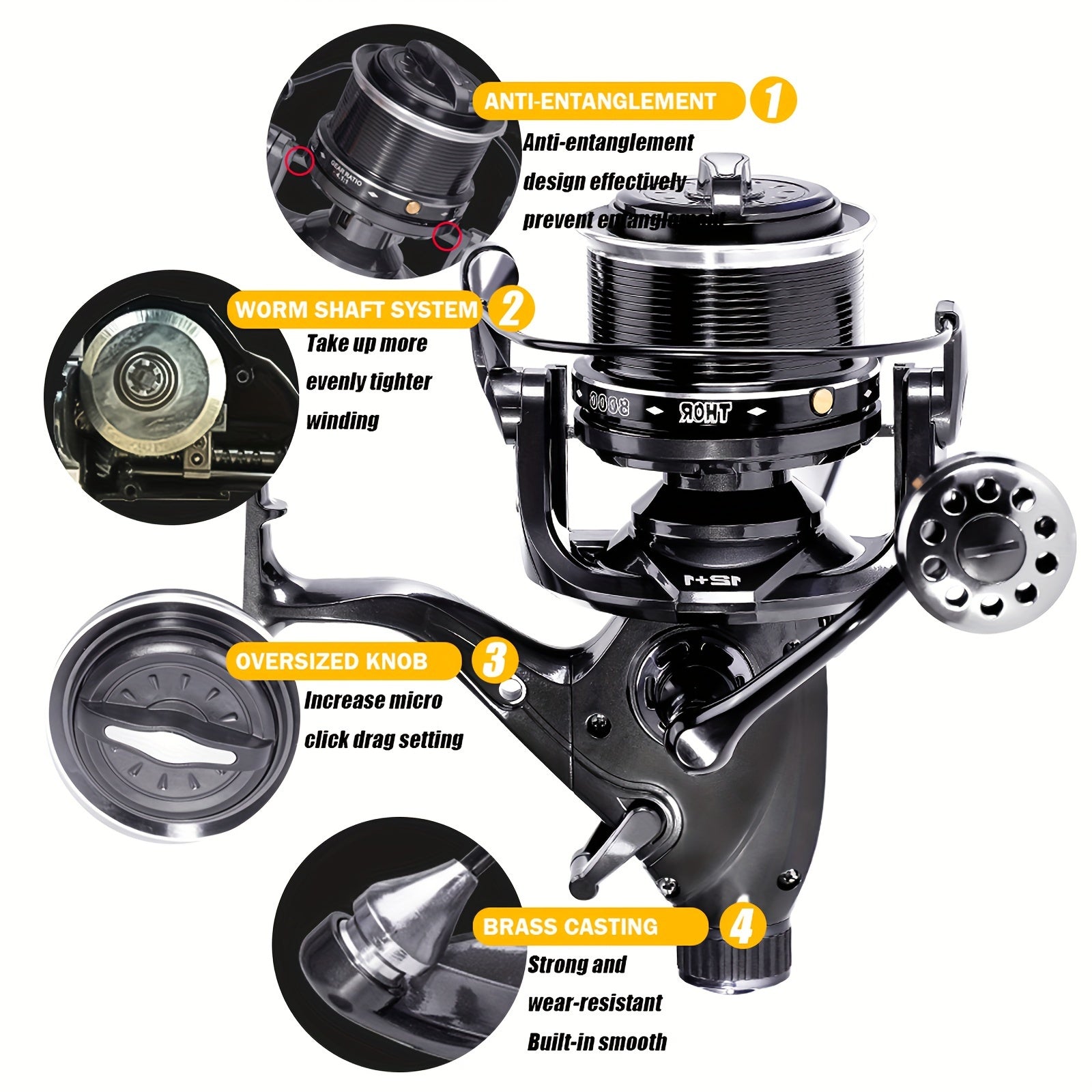 Spinning Fishing Reel 7+1BB Aluminum Alloy 10-25kg Double Drag Carp Tackle