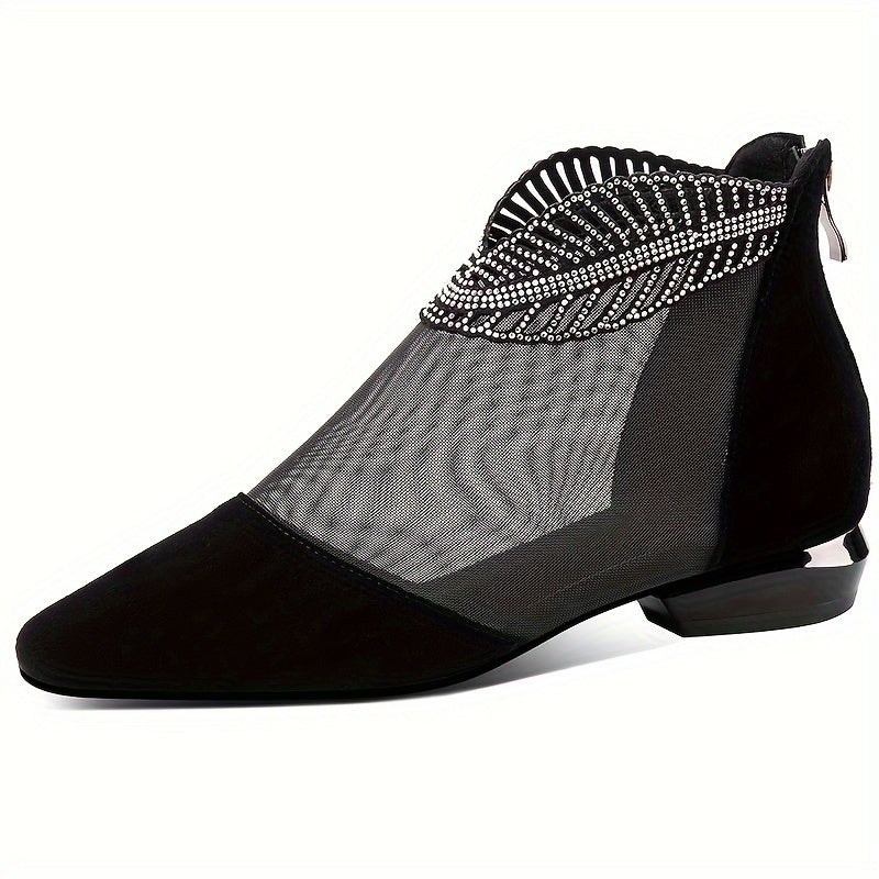 Women's Mesh Cutout Ankle Boots with Pointed Toe and Chunky Heel
