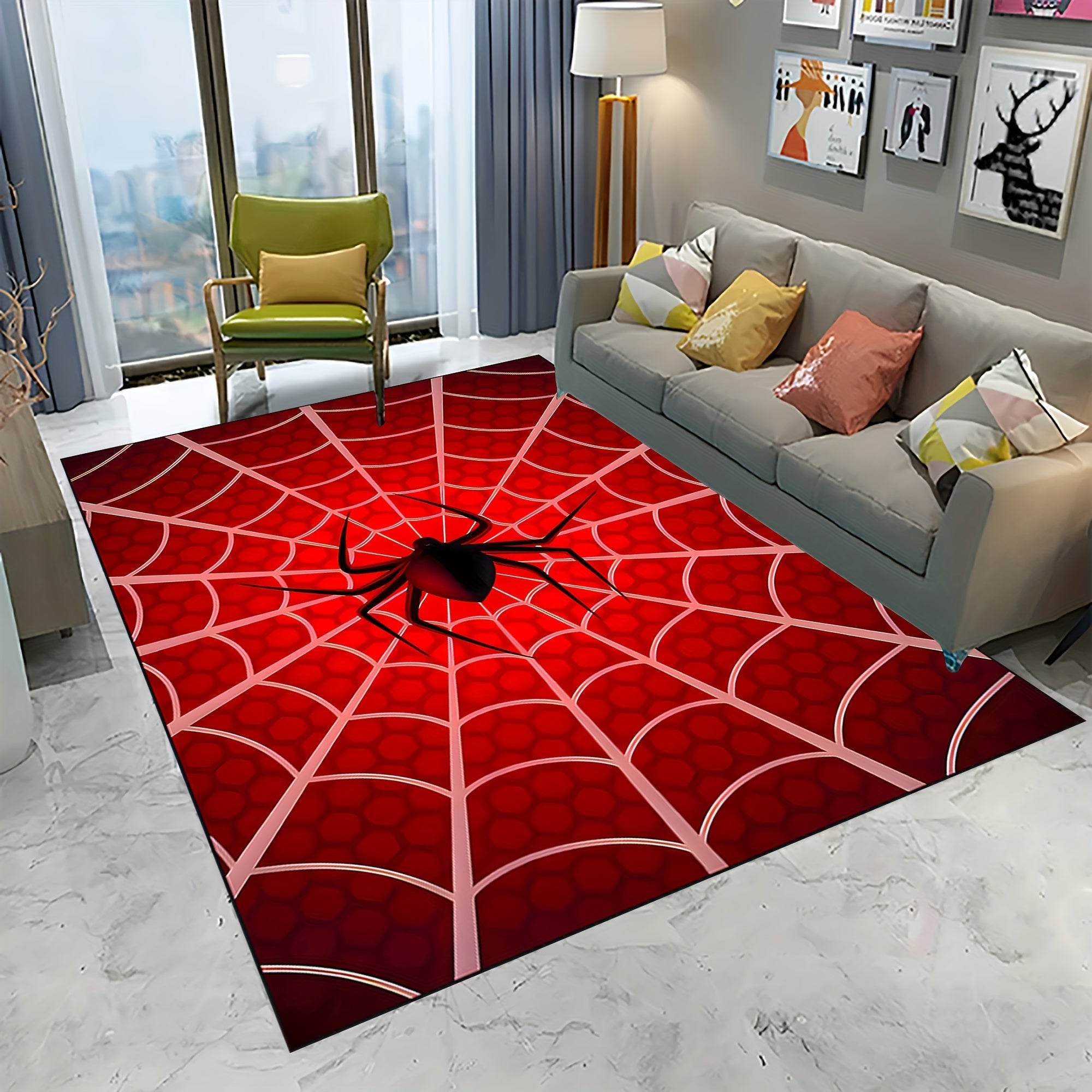 Alfombra de área con patrón de telaraña 3D de poliéster antideslizante y lavable para sala de estar y dormitorio
